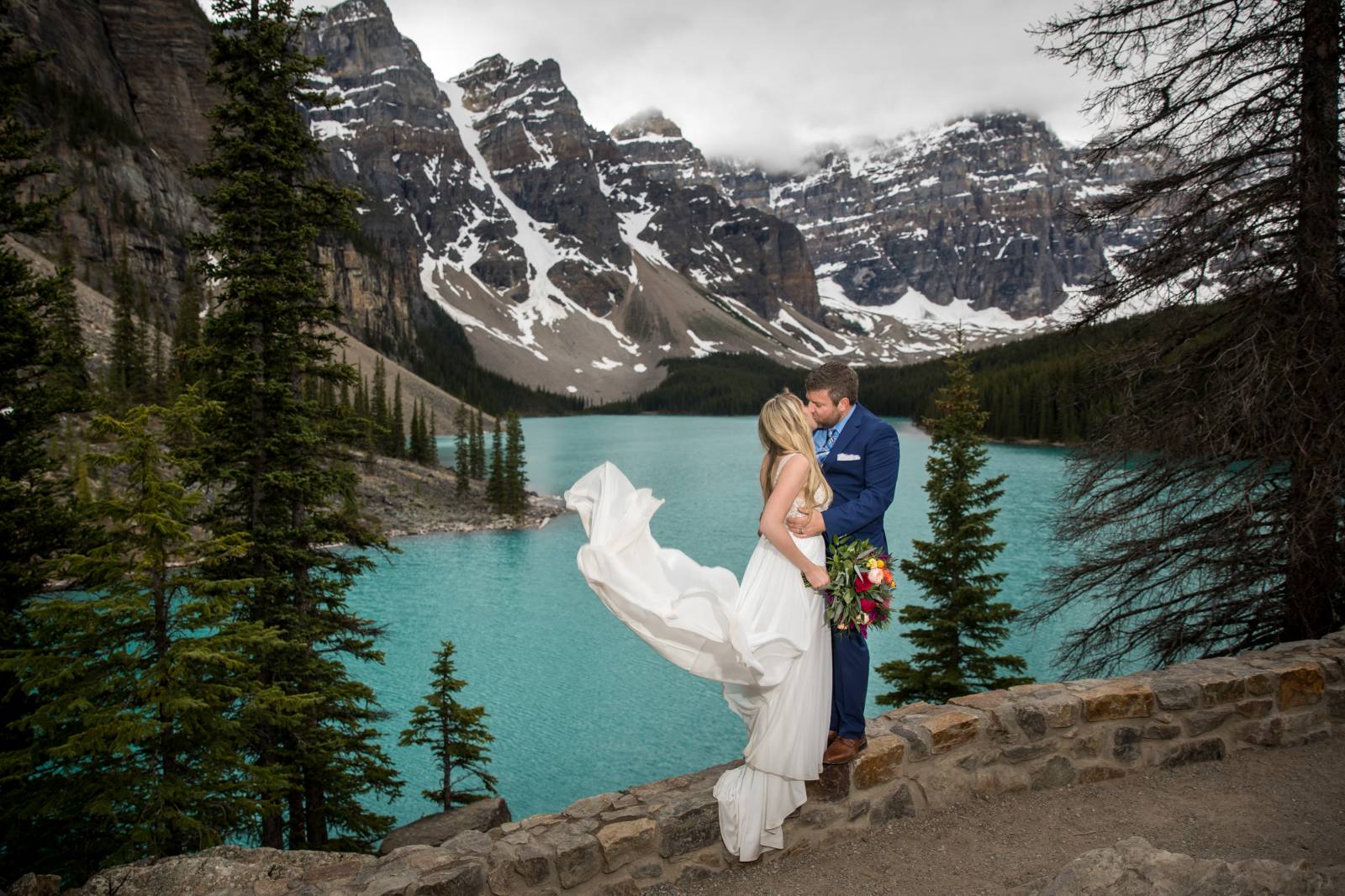Moraine Lake Elopement, Moraine Lake Wedding, Bride and groom portraits moraine lake, Banff national