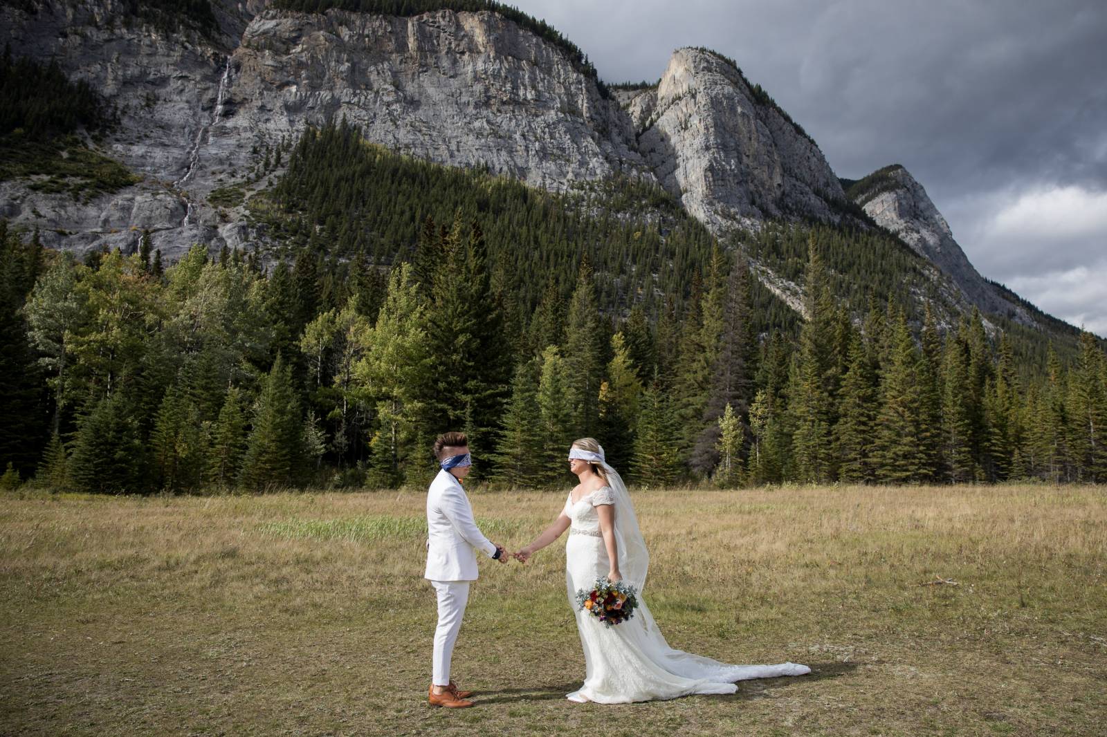 Banff Same Sex Elopement, Banff First Look Photos, Tunnel Mountain Reservoir outdoor ceremony, Banff