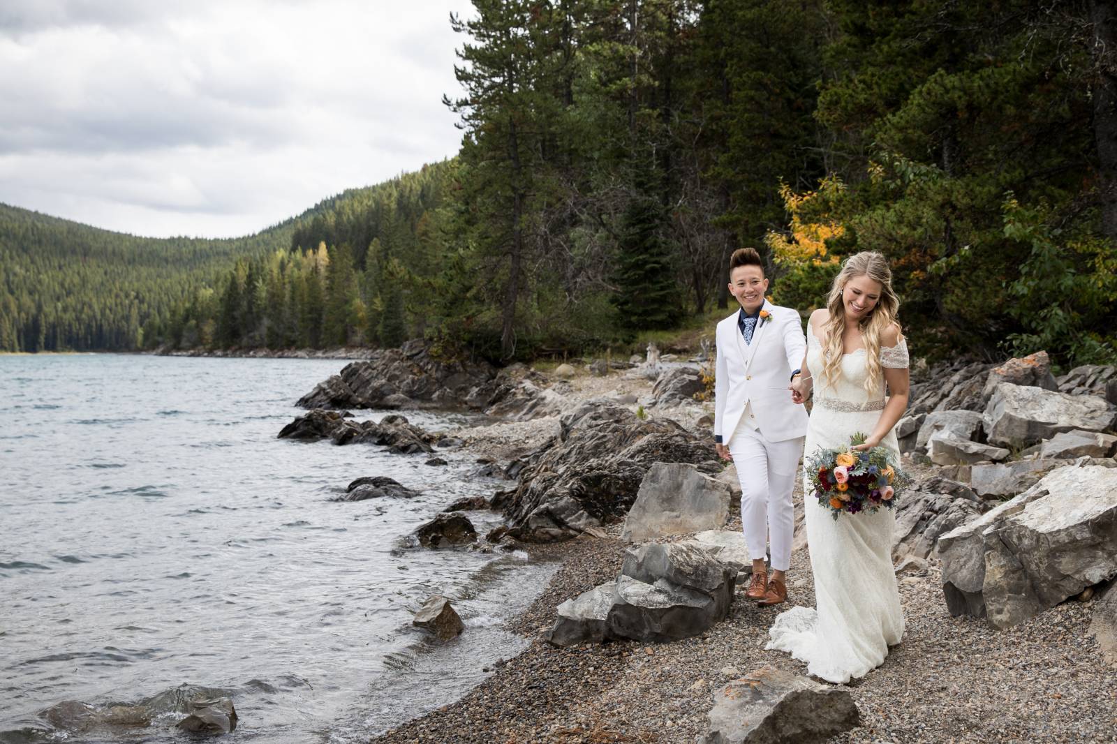 Banff Same Sex Elopement, Lake Minnewanka Elopement, Lake Minnewanka Wedding Photos, Tunnel Mountain