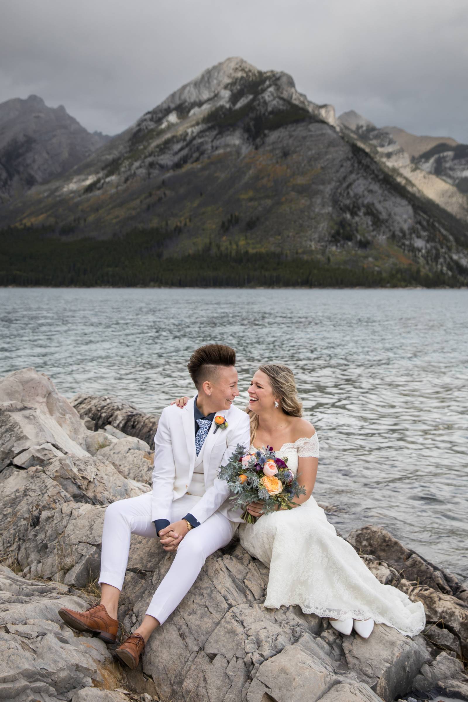 Banff Same Sex Elopement, Lake Minnewanka Elopement, Lake Minnewanka Wedding Photos, Tunnel Mountain