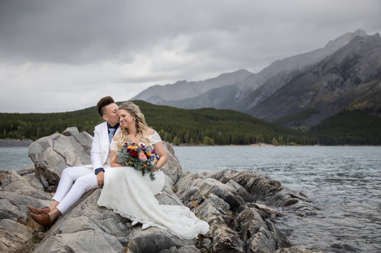 Banff Same Sex Elopement, Lake Minnewanka Elopement, Lake Minnewanka Wedding Photos, Tunnel Mountain