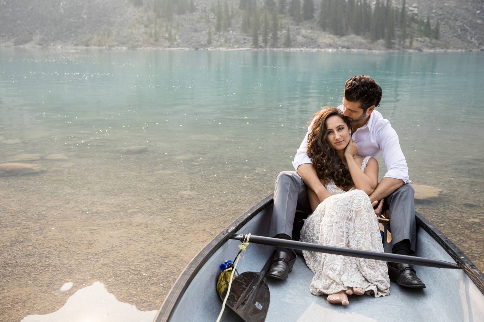 Romantic mountain engagement photos, Canoe engagement photos, Moraine Lake Engagement photographer, 