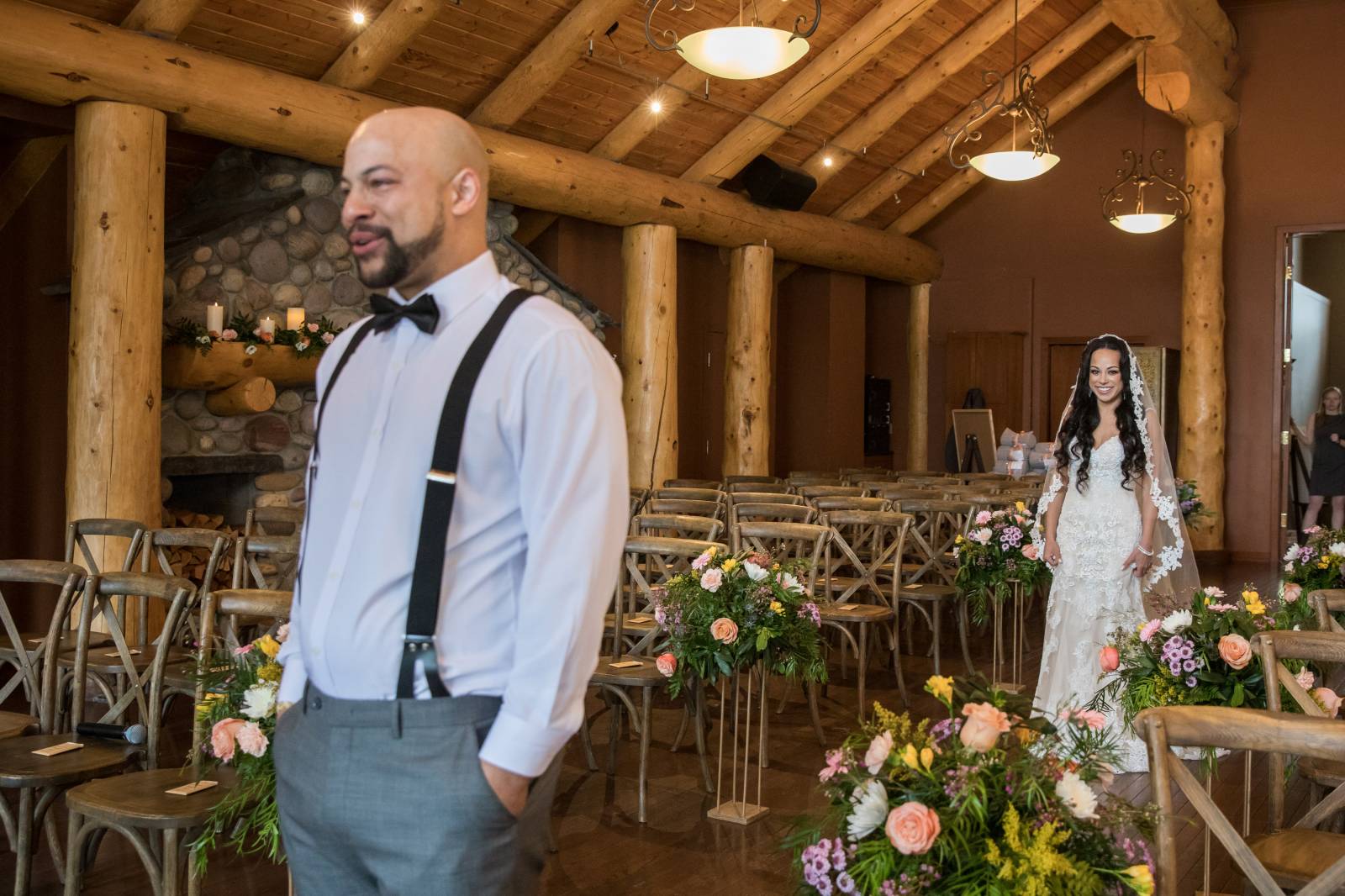 Bride and Groom First Look, Indoor Ceremony Venue, Buffalo Mountain Lodge Ceremony Decor