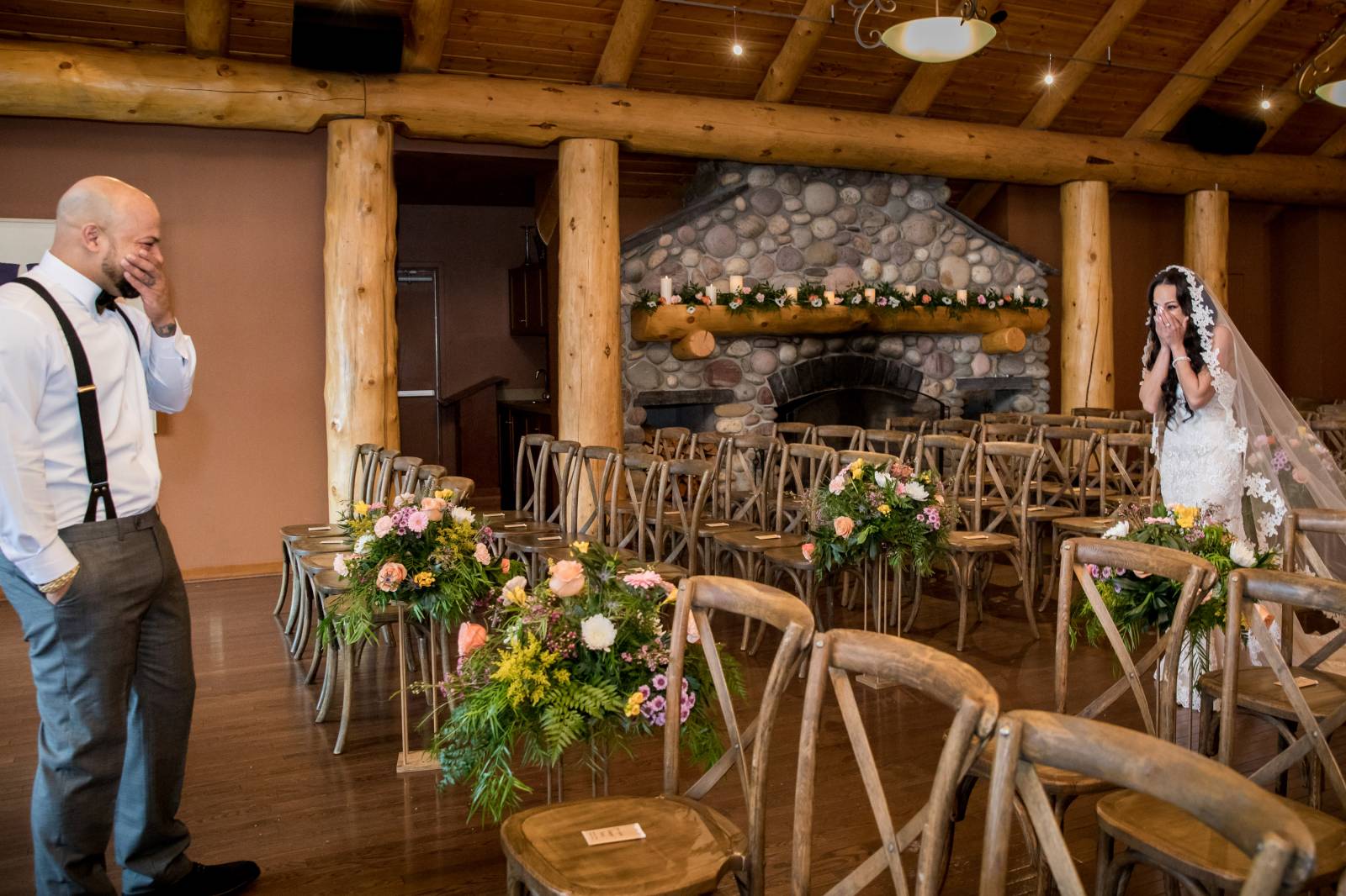 Bride and Groom First Look, Indoor Ceremony Venue, Buffalo Mountain Lodge Ceremony Decor