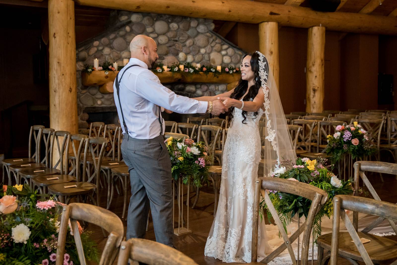Bride and Groom First Look, Indoor Ceremony Venue, Buffalo Mountain Lodge Ceremony Decor
