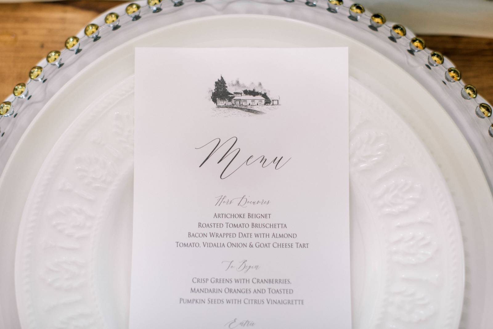 menu card on white plate gold beaded charger