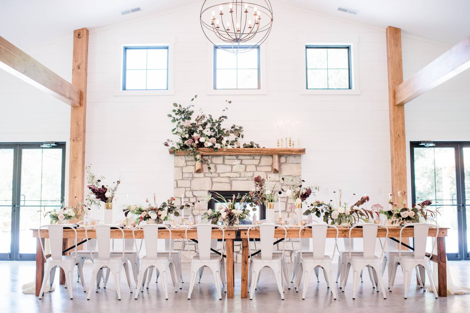 the wilds fireplace and farmhouse tables
