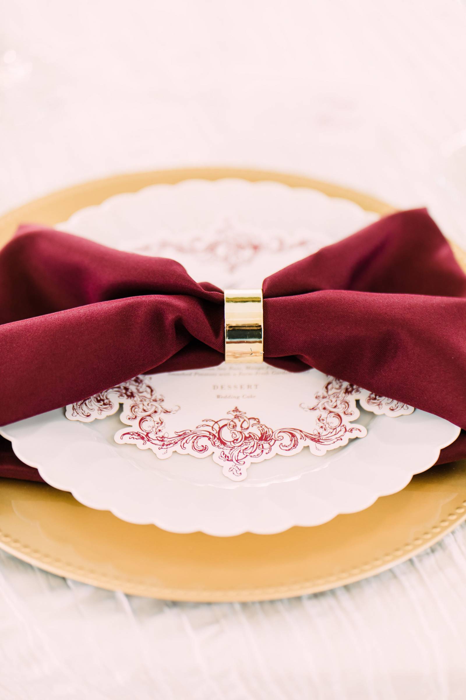 burgundy  linen napkin gold ring
